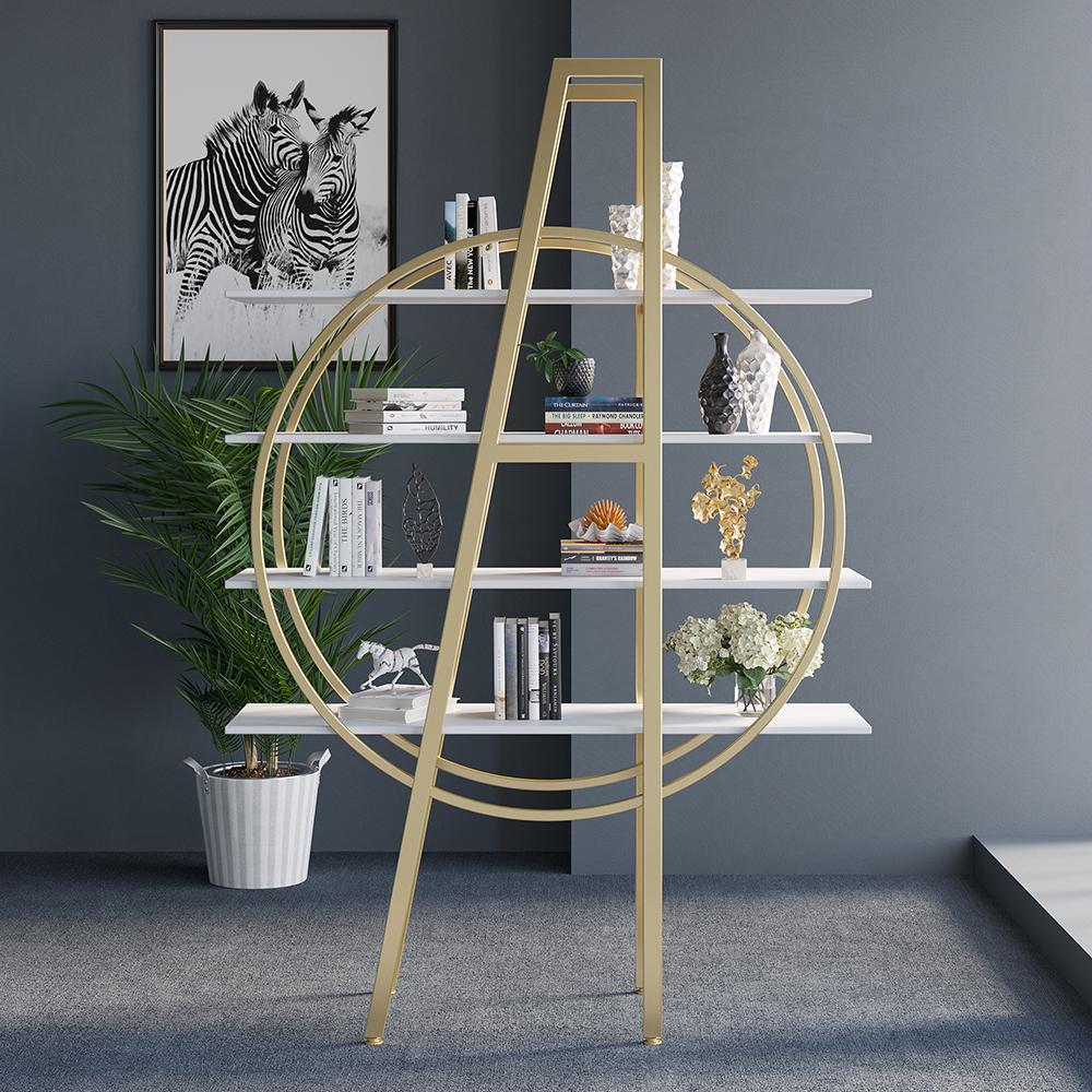4-Tier Round Open Bookshelf White Display Shelf Gold Frame