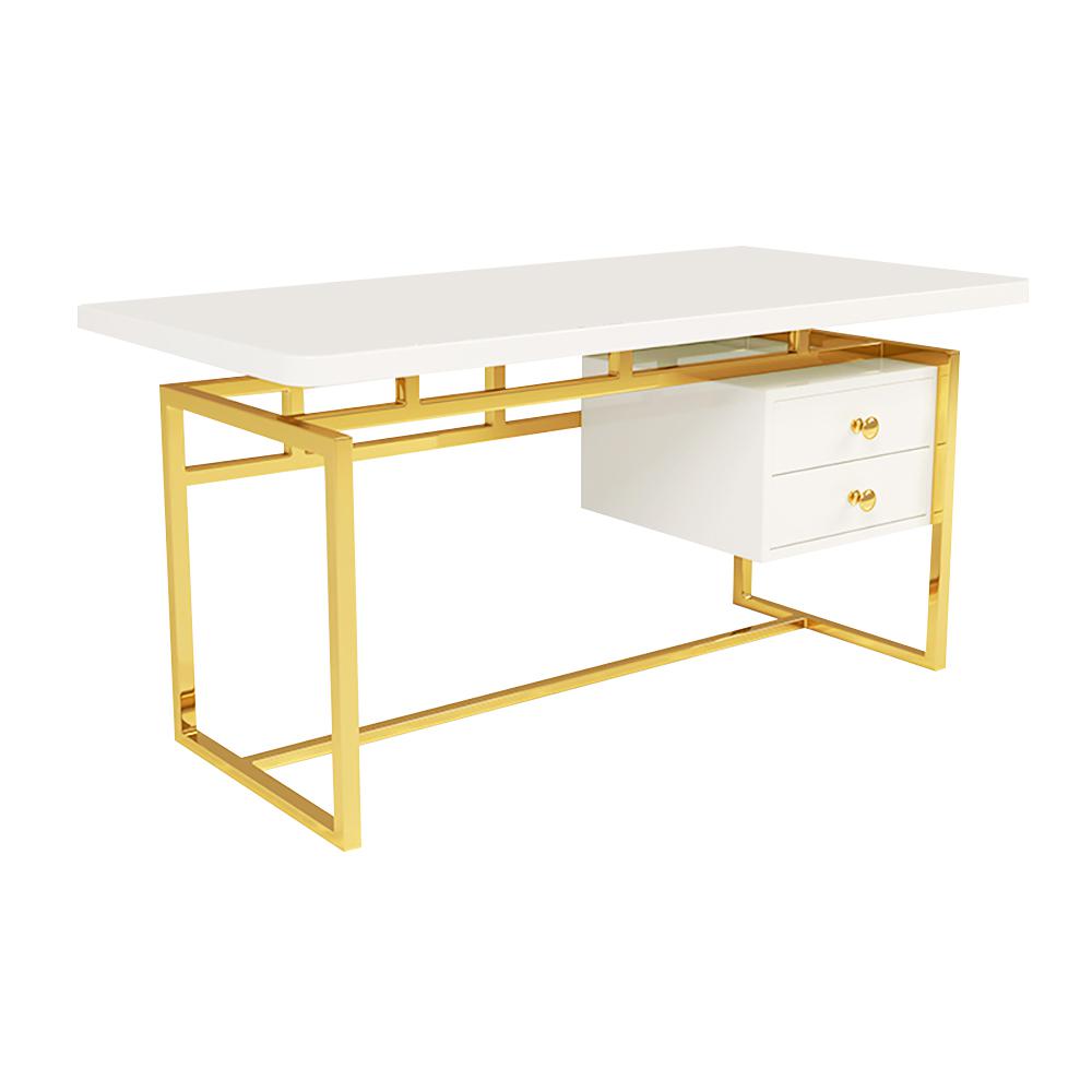 71" White Writing Desk Modern Computer Desk with 2-Drawer in Gold