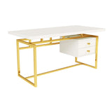 71" White Writing Desk Modern Computer Desk with 2-Drawer in Gold