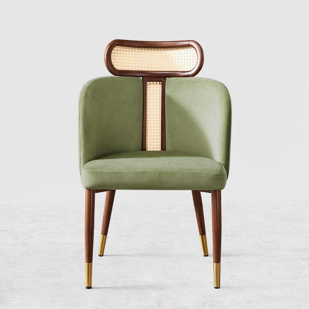 Modern Green Velvet Dining Chair Curved Back Rattan Dining Room Chairs (Set of 2)