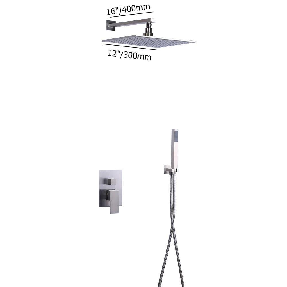 Dree Modern 12" Wall Mount LED Square Showerhead & Hand Shower System in Brushed Nickel