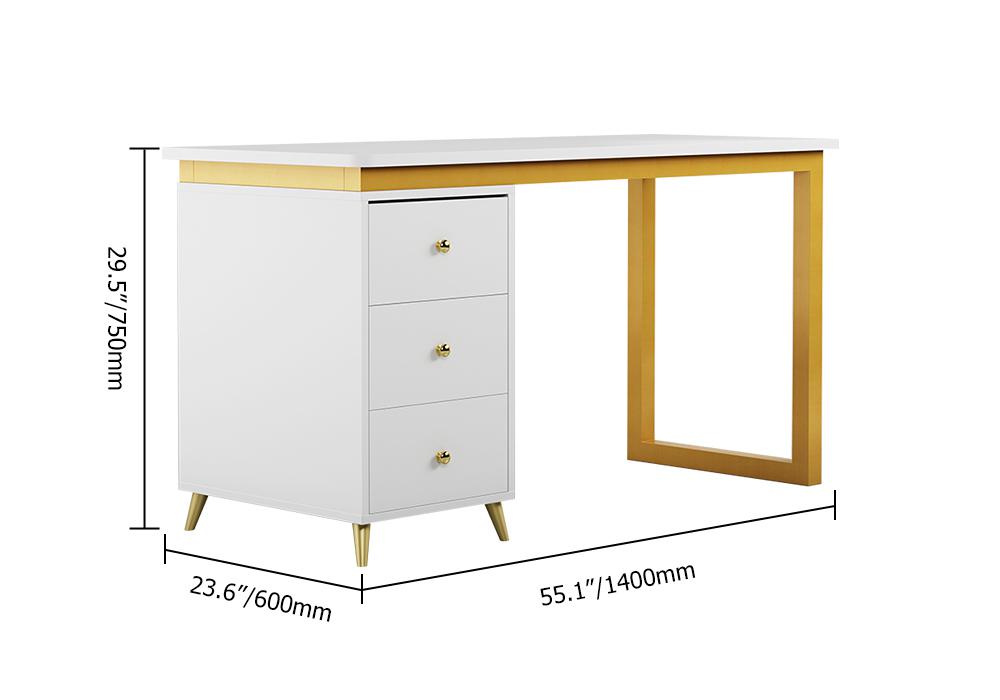 Modern 55" Wooden Home Office White Computer Desk with 3 Drawers & Side Cabinet in Gold