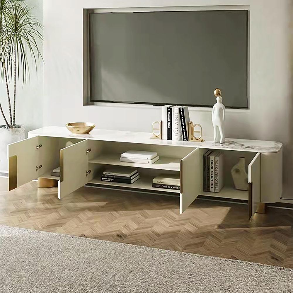 Modern Beige TV Stand Sintered Stone 4 Doors with Storage Media Console for TV up to 85"