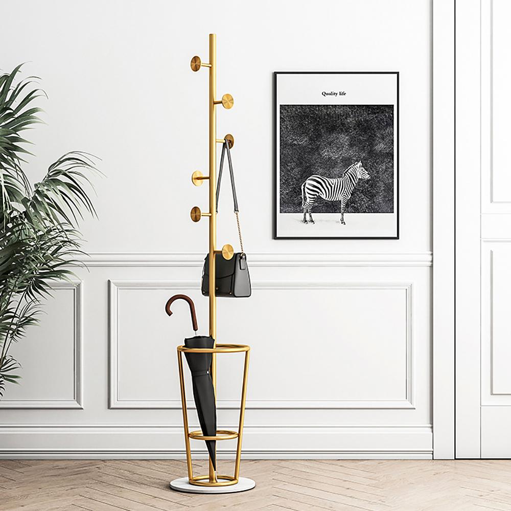 67'' Entryway Metal Round Hooks Coat Rack with Umbrella Rack Base-Gold