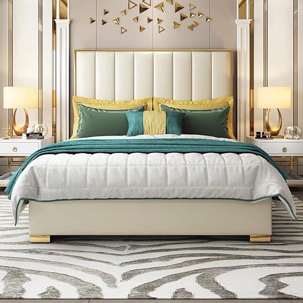 Queen Size Platform Bed White Upholstered Faux Leather Bed with Gold Legs