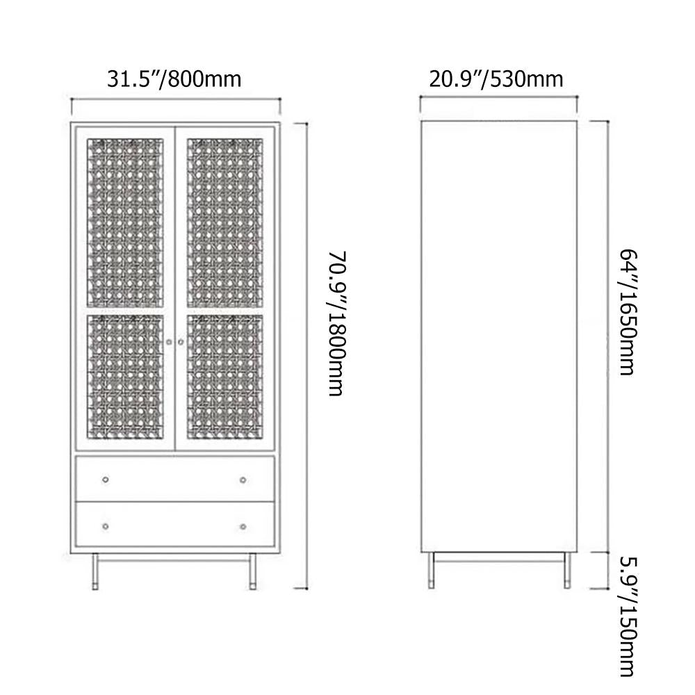 Nordic Green Closet with 2-Drawer 2-Door Clothes Cabinet Rattan Woven