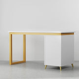 Modern 55" Wooden Home Office White Computer Desk with 3 Drawers & Side Cabinet in Gold