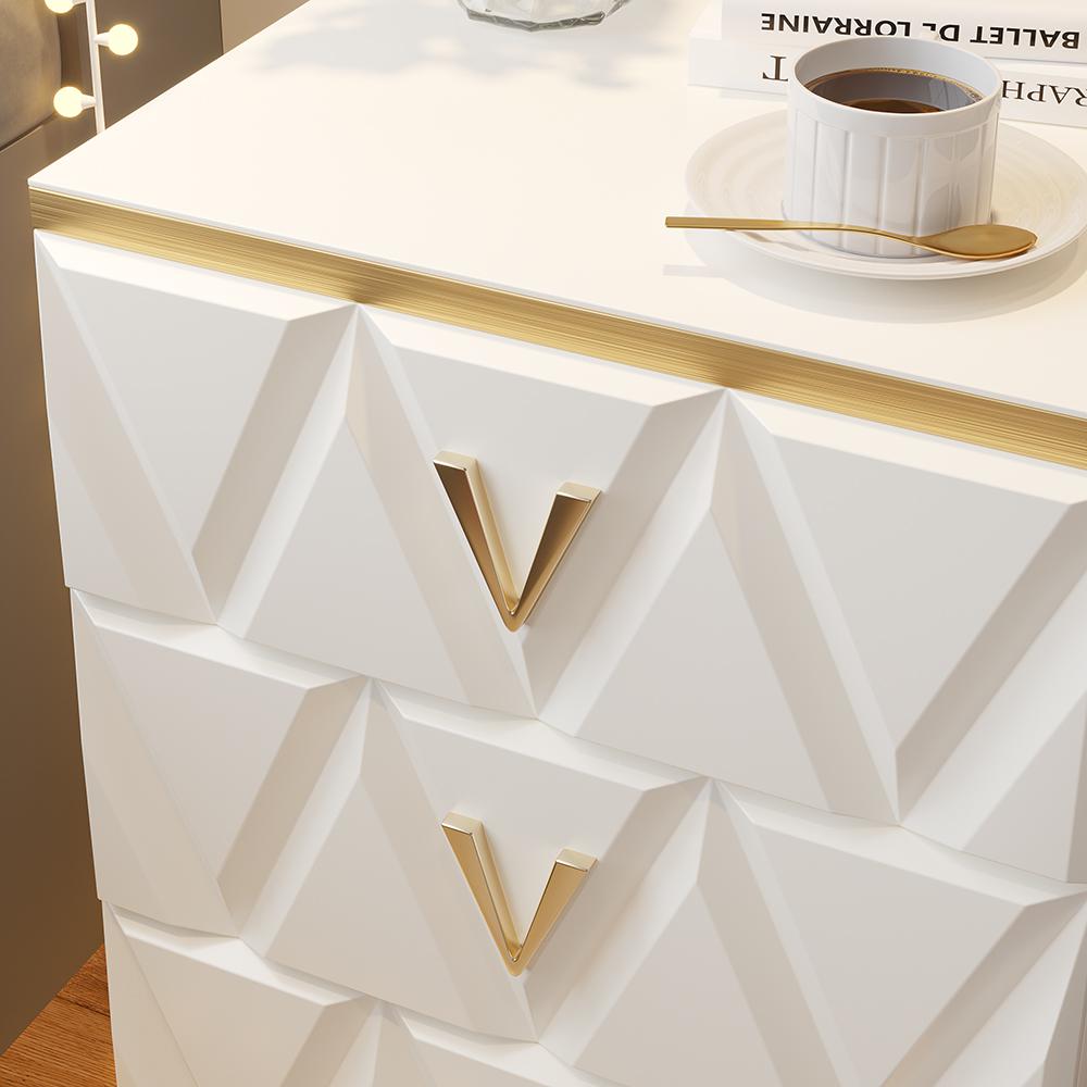 Nordic White Nightstand 3-Drawer Bedside Table V-Shaped Facet & Gold Pulls in Large