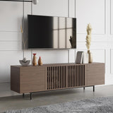 Minimalist Slatted Media Console Wood TV Stand in Walnut with Shelves for TVs Up to 80"