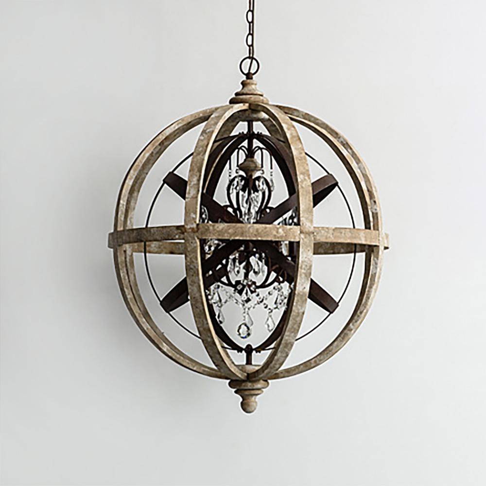 5-Light Retro Globe Weathered Wood Chandelier with Crystal Accents