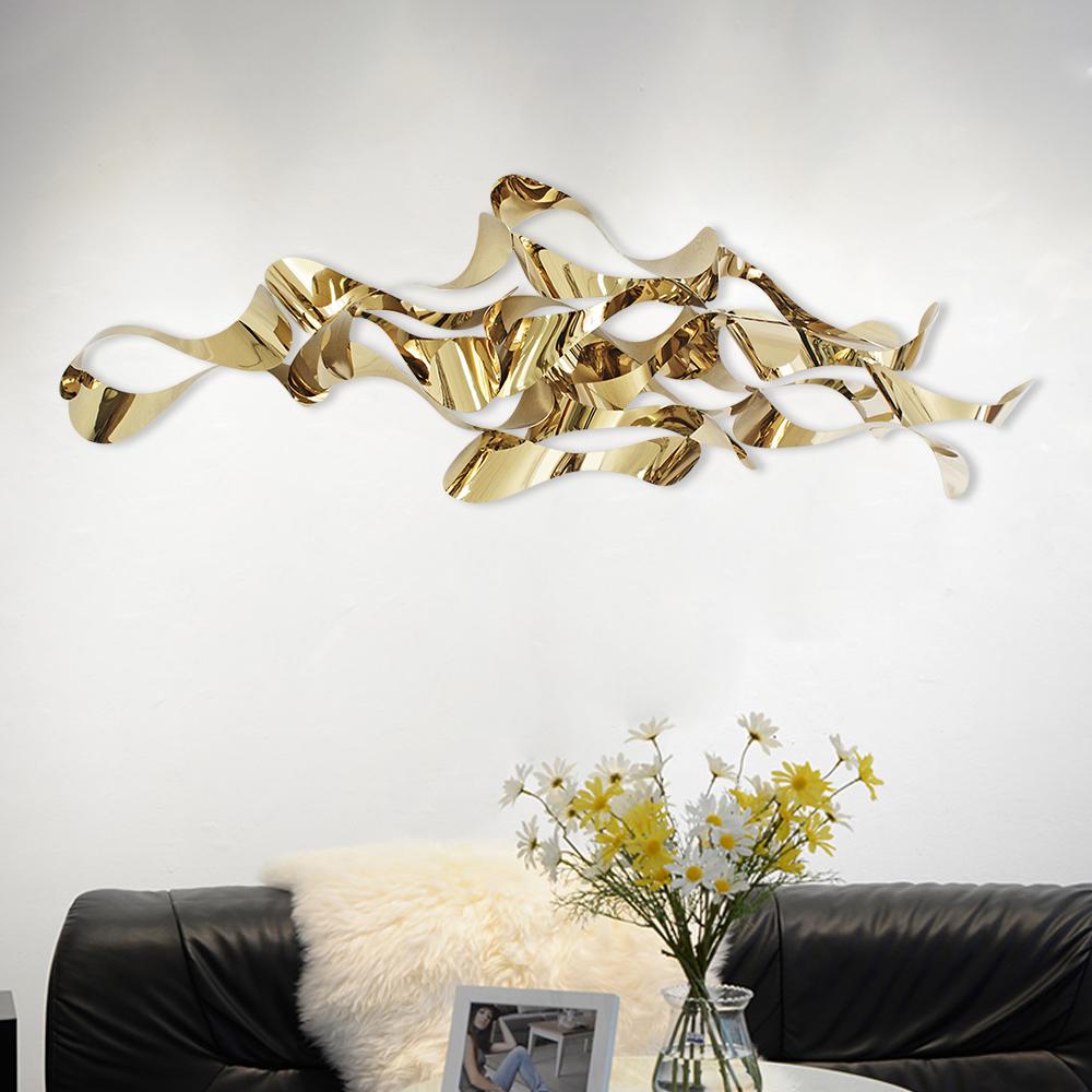 Modern Abstract Wavy Lines Stainless Steel Wall Decor Irregular Art in Gold
