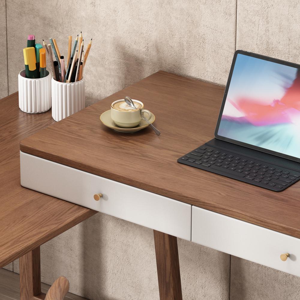 Modern I Shaped Desk Retracted & Extendable Corner Walnut Desk with Storage & 2 Drawers