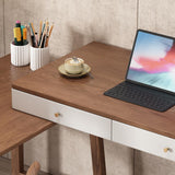 Modern I Shaped Desk Retracted & Extendable Corner Walnut Desk with Storage & 2 Drawers