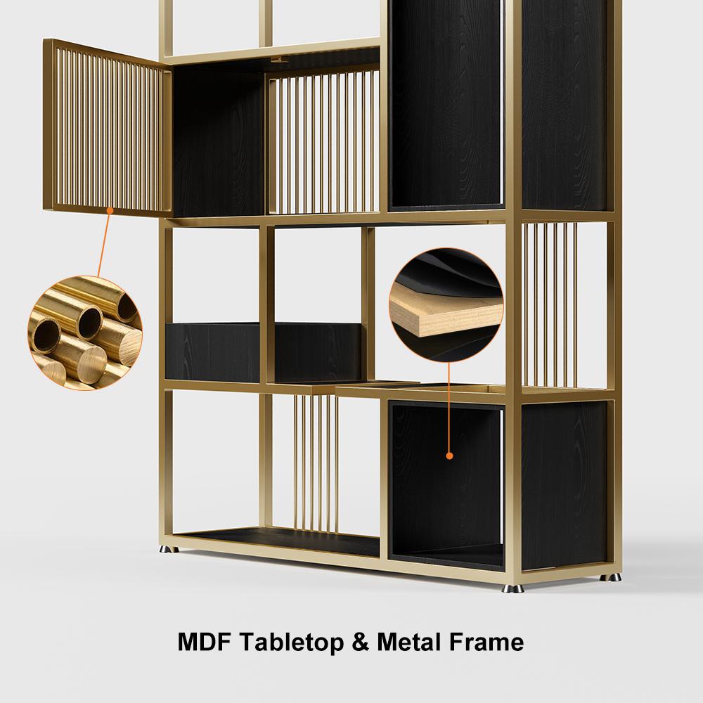 78" Modern Black Steel Geometric Bookcase 6-Tier Bookshelf Wooden Tall Book Shelf