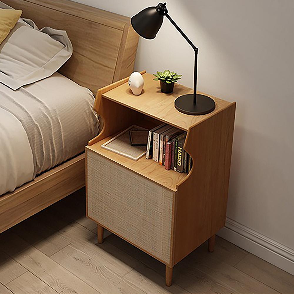 Nordic Nightstand 1-Shelf Wooden Bedside Table with Rattan Woven Door in Natrual