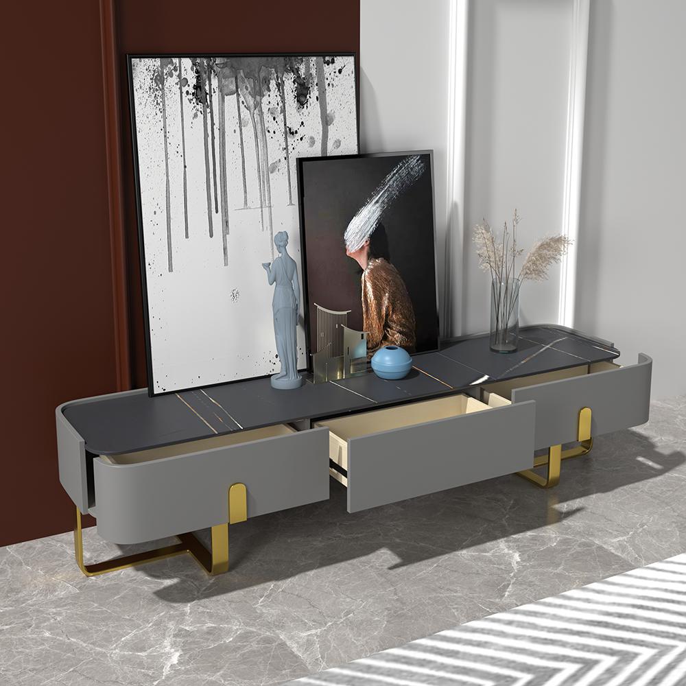 Blackcast 79" Modern Gray TV stand Sintered Stone Minimalist Media Console with Drawers