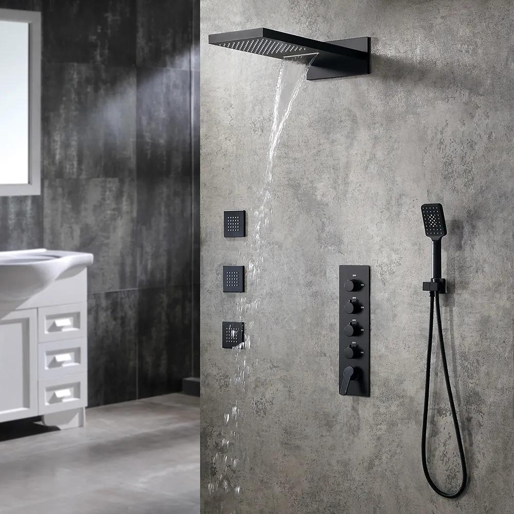 Wall Mounted Waterfall Rain Shower System with 3 Body Sprays in Matte Black