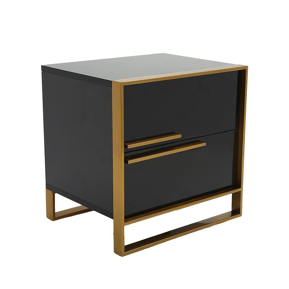 Modern 2 Drawers Black Lacquer Nightstand in Gold