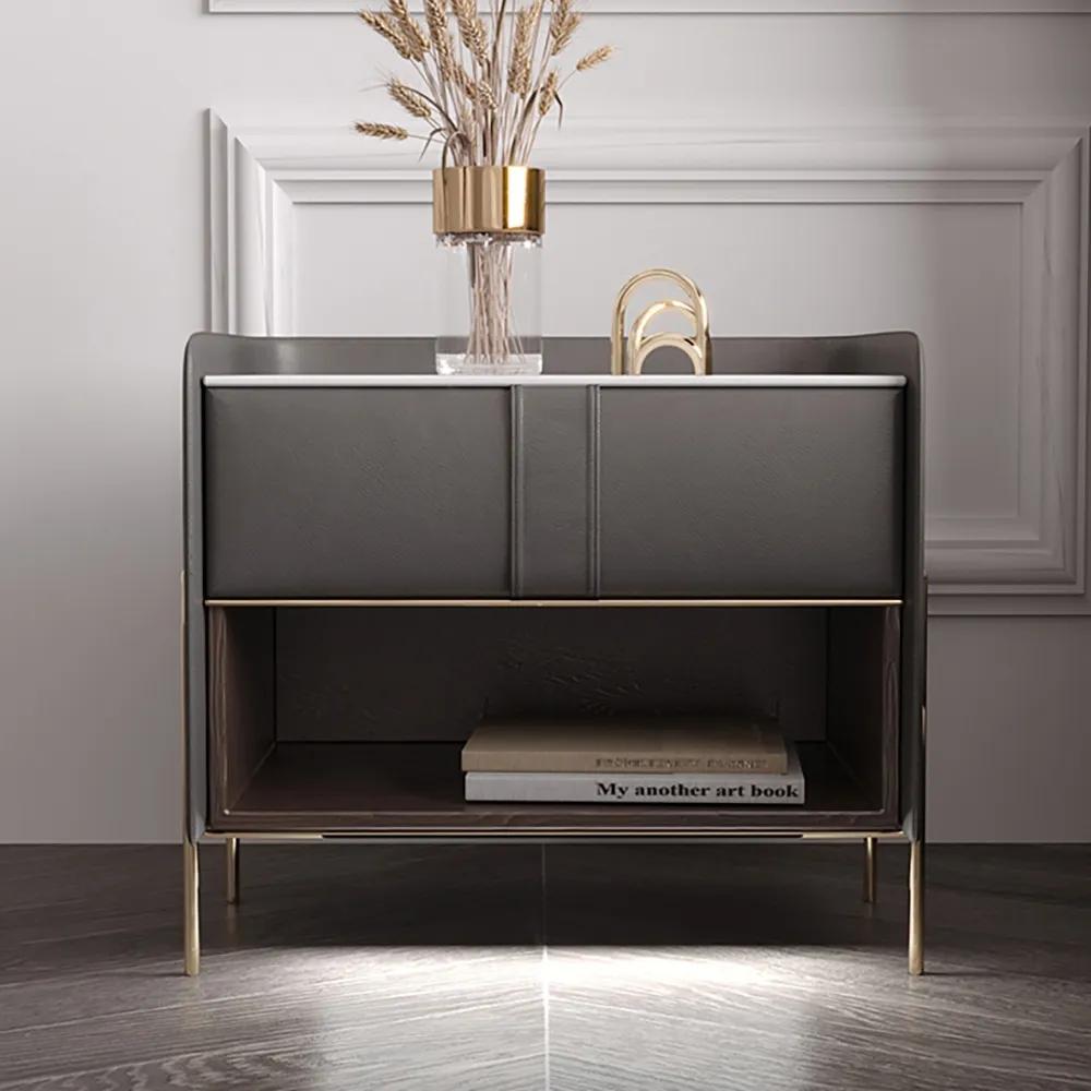 Modern Gray Nightstand Stone Top Bedside Table with Charger & Light