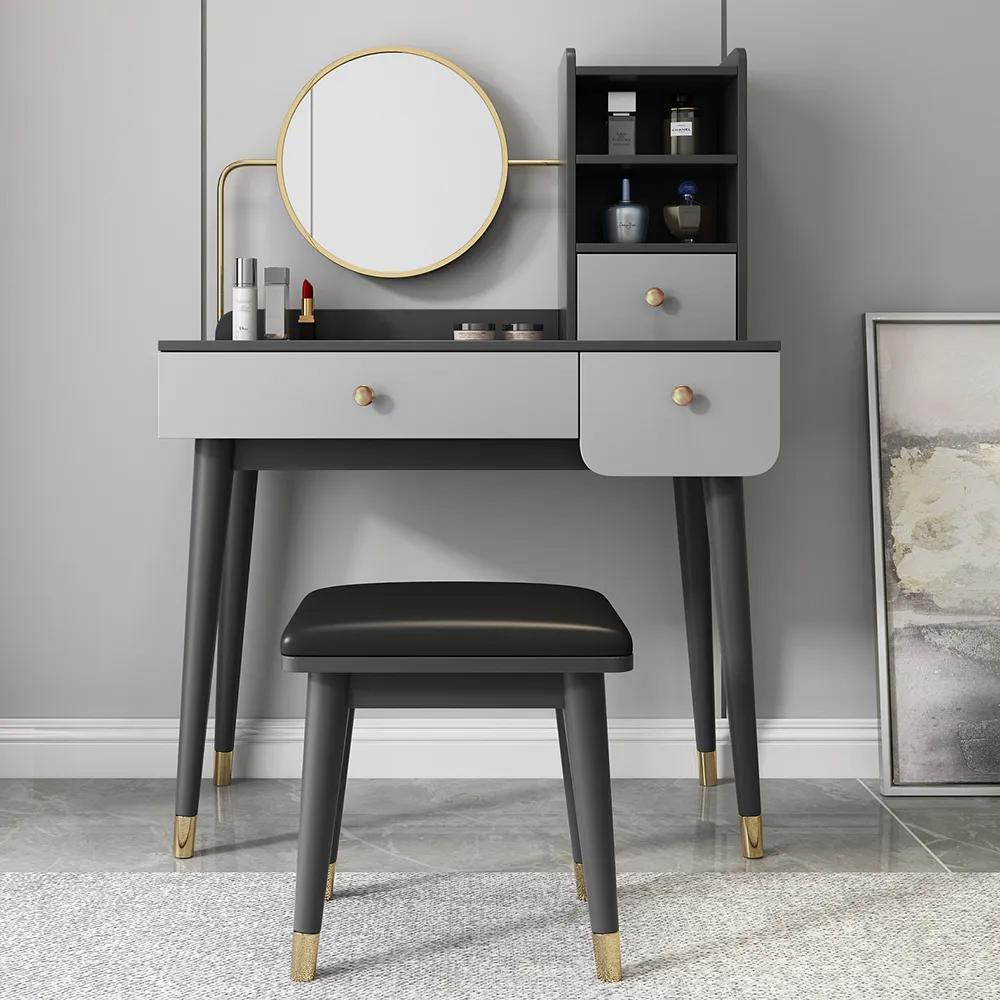 2 Pieces Minimalist Makeup Vanity Set in Walnut with Mirror & Stool