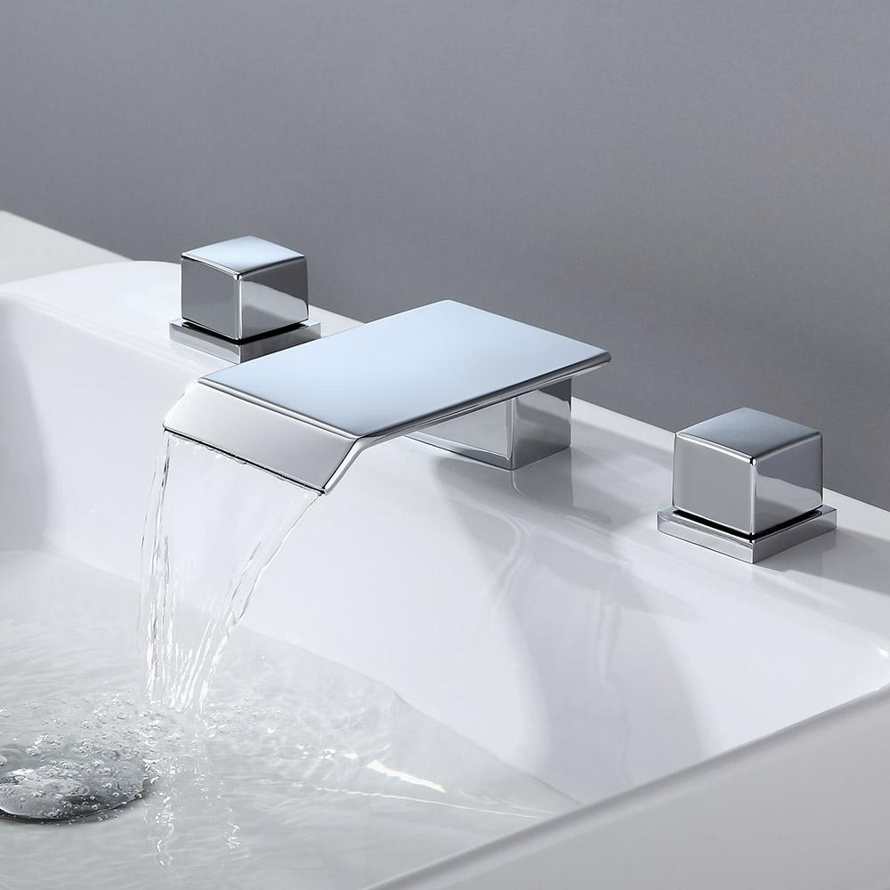 Moda Matte Black Waterfall Widespread Bathroom Sink Faucet Square Double Handle