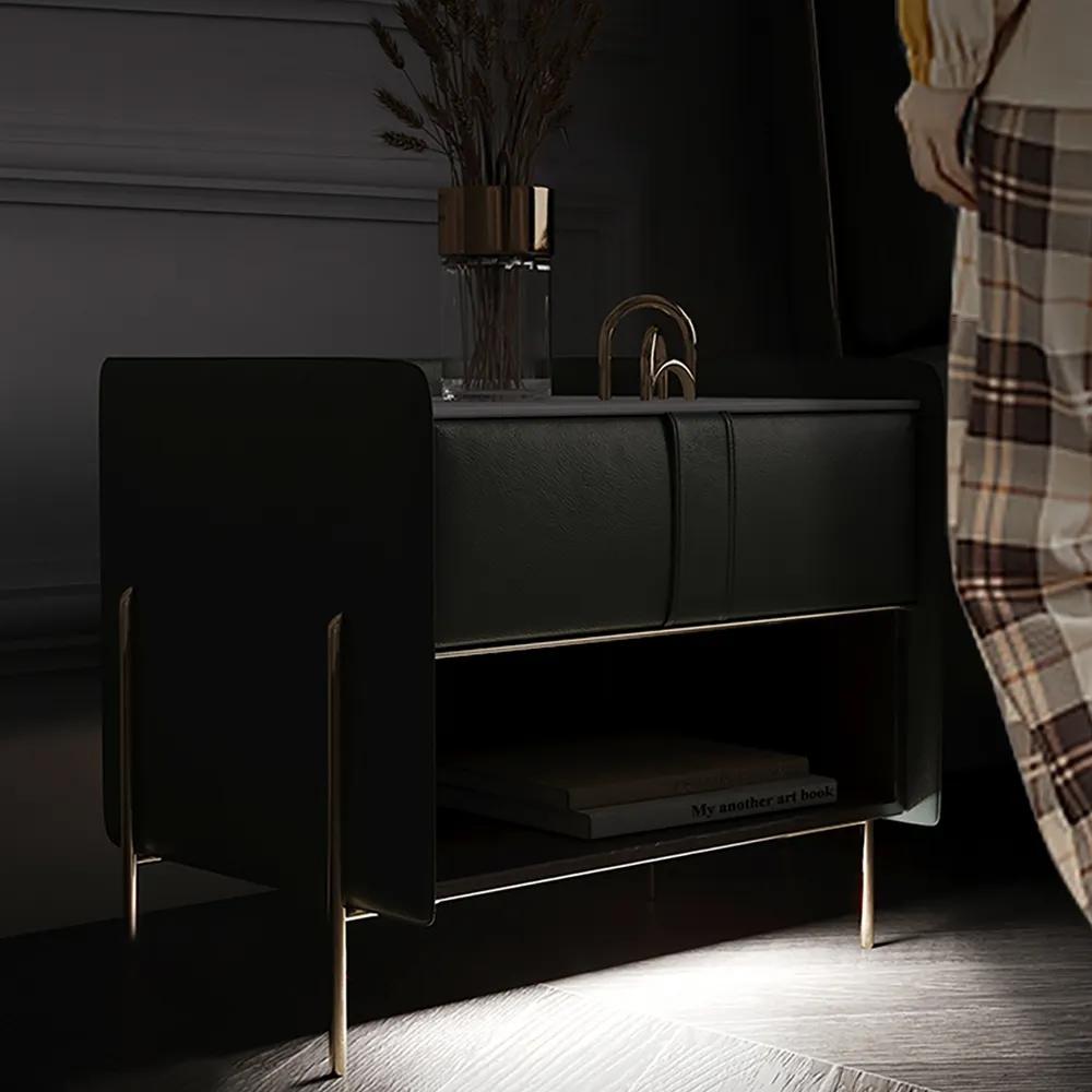 Modern Gray Nightstand Stone Top Bedside Table with Charger & Light