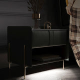 Modern Gray Nightstand Stone Top Bedside Table with Charger & Light