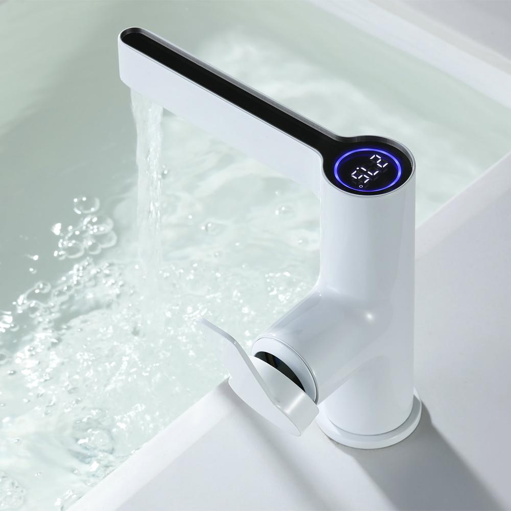 Modern Black Single Hole Bathroom Sink Faucet Intelligence Temperature Digital Display