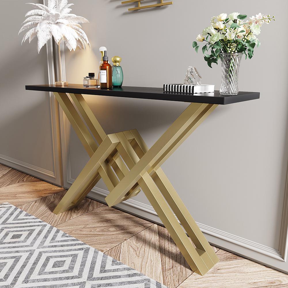 Black & Gold Narrow Console Table Accent Table For Entryway X Base Metal in Small