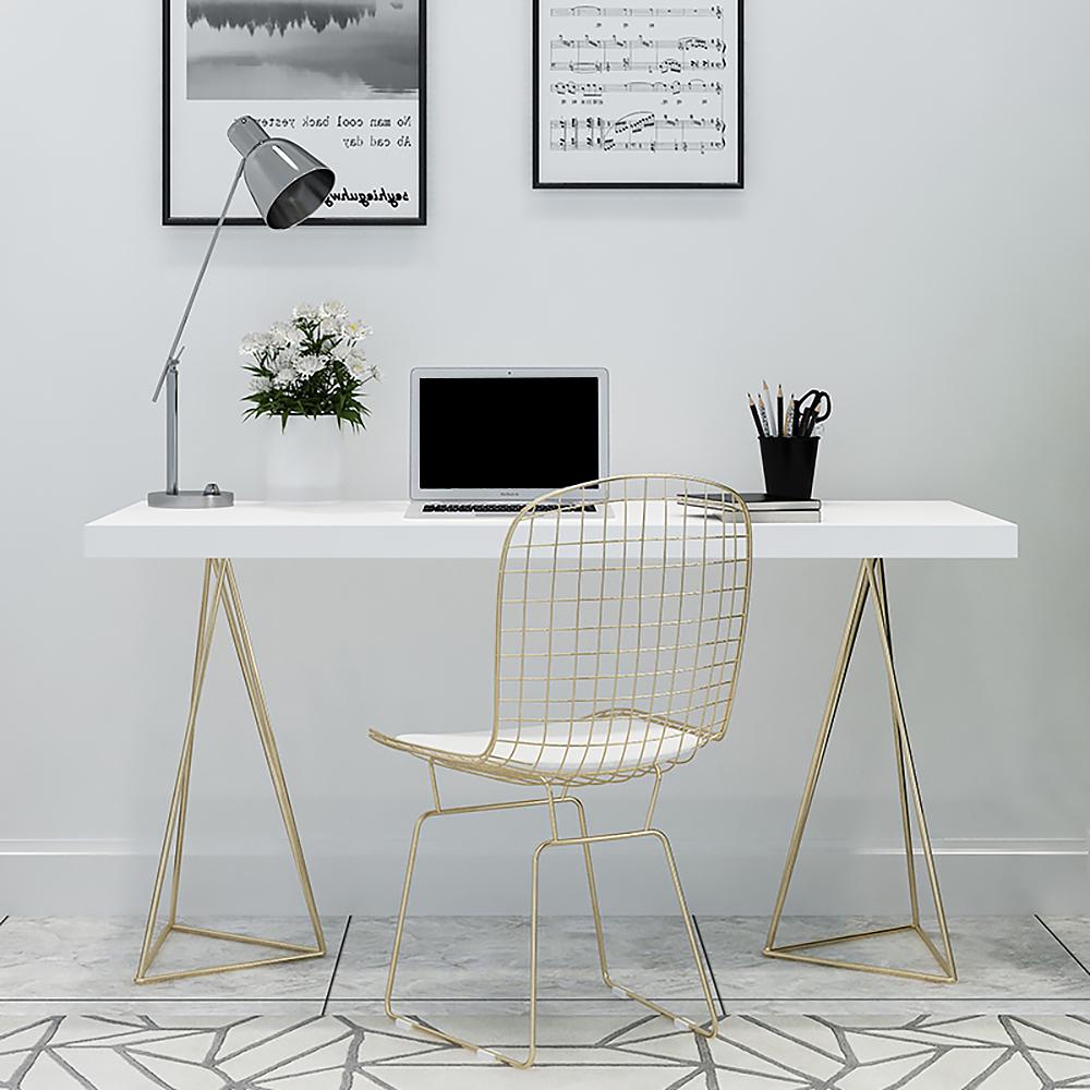 39" White Rectangular Wood-Top Writing Desk for Home Office with 2 Gold Pedestal