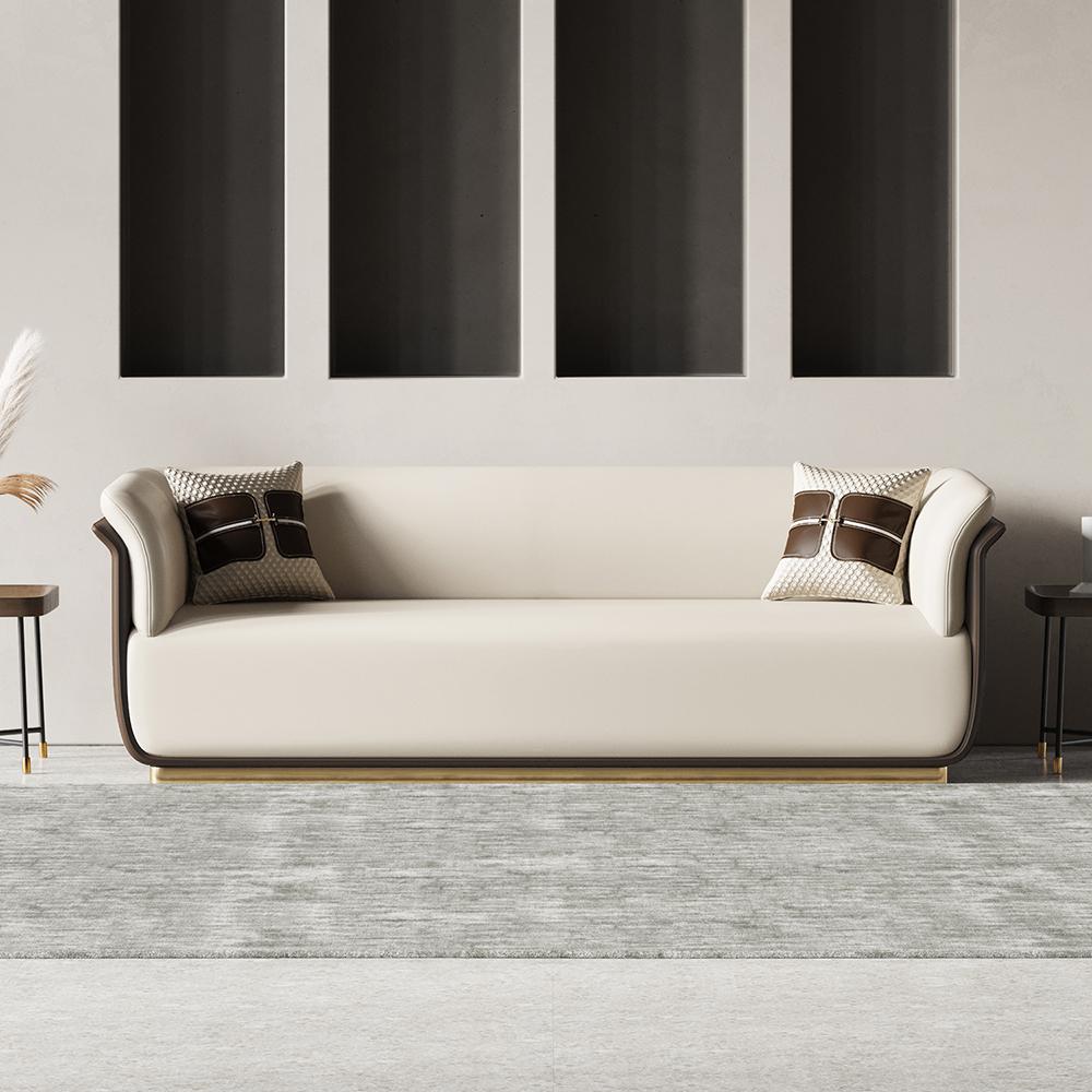 Modern Off-White & Brown Sofa for 3 Seaters Microfiber Leather Upholstery Rectangle