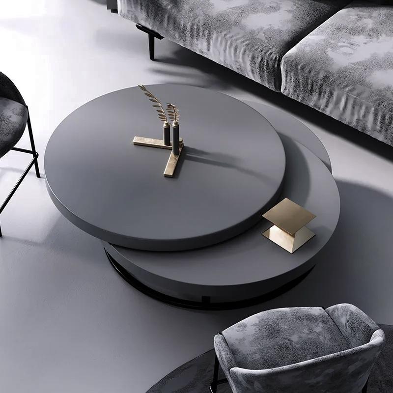 White Round Modern Wood Swivel Coffee Table with Storage Drawer in Gold