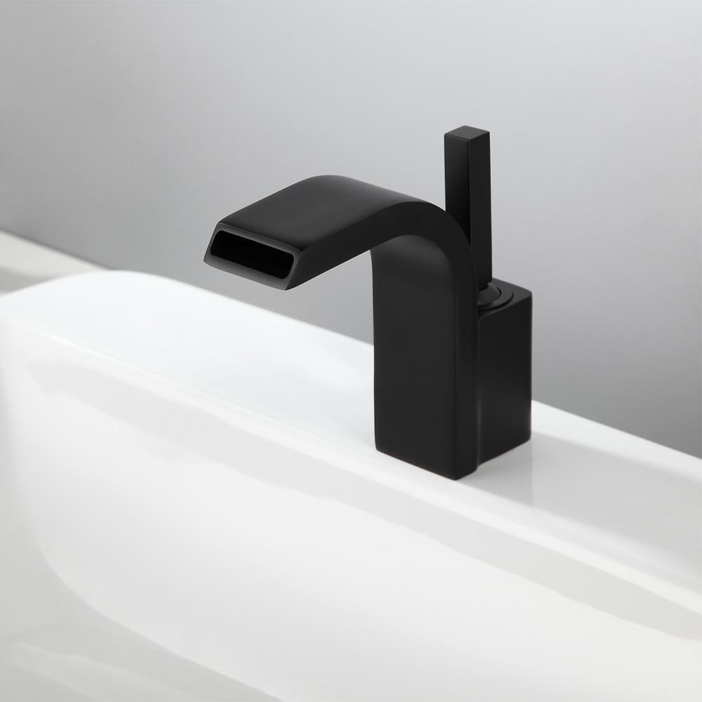 Waterfall Spout Single Joystick Handle Bathroom Sink Faucet in Matte Black