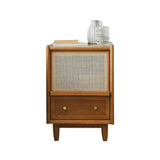 Rustic Rattan Nightstand Simple Walnut Bedroom with Storage Solid Wood Bedside Table