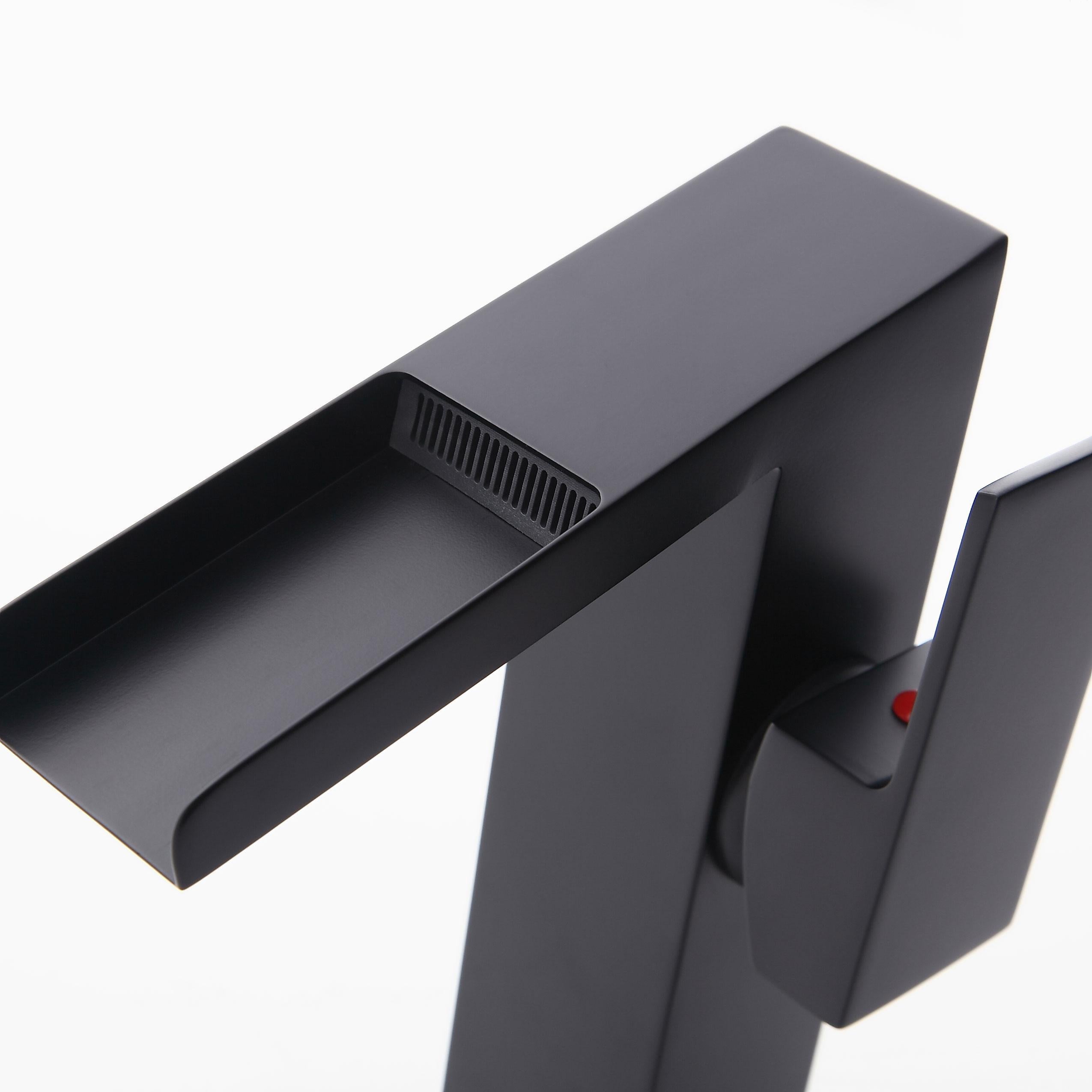 Quad Square Slanted Single Hole 1-Handle Waterfall Faucet Solid Brass for Bathroom Sink in Matte Black