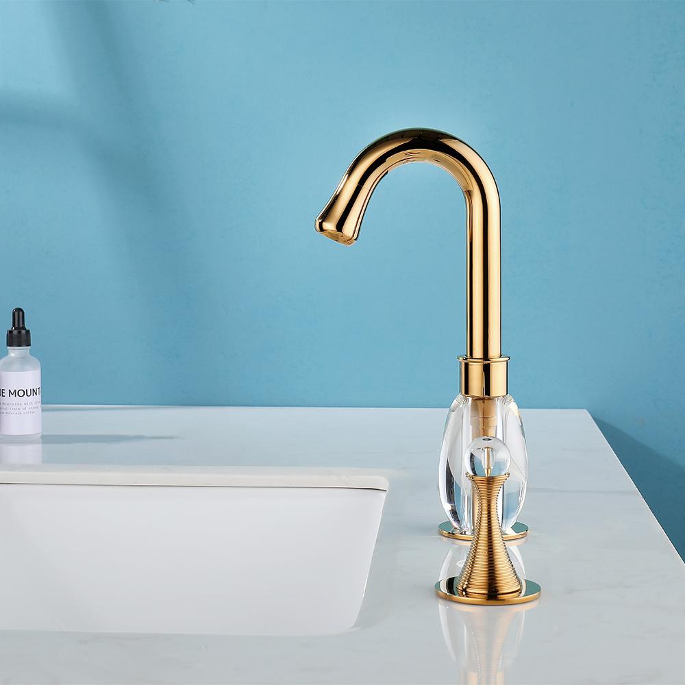 Gold Bathroom Widespread Sink Faucet Double Crystal Handle Solid Brass