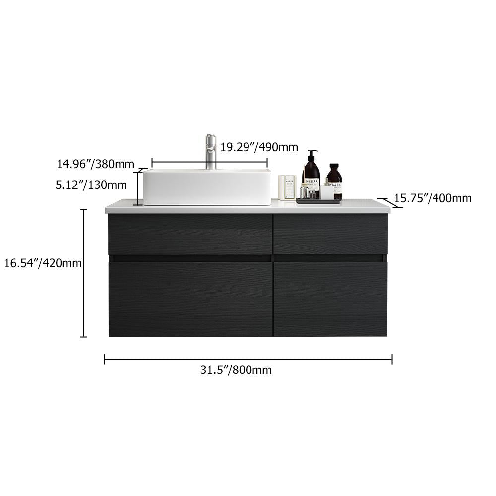 31" Black & White Floating Bathroom Vanity Marble Top Ceramic Vessel Sink