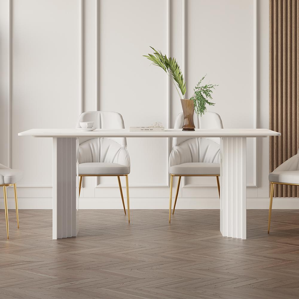 63" Modern Dining Table White Faux Marble Top for 6 Person Double Pedestal Base