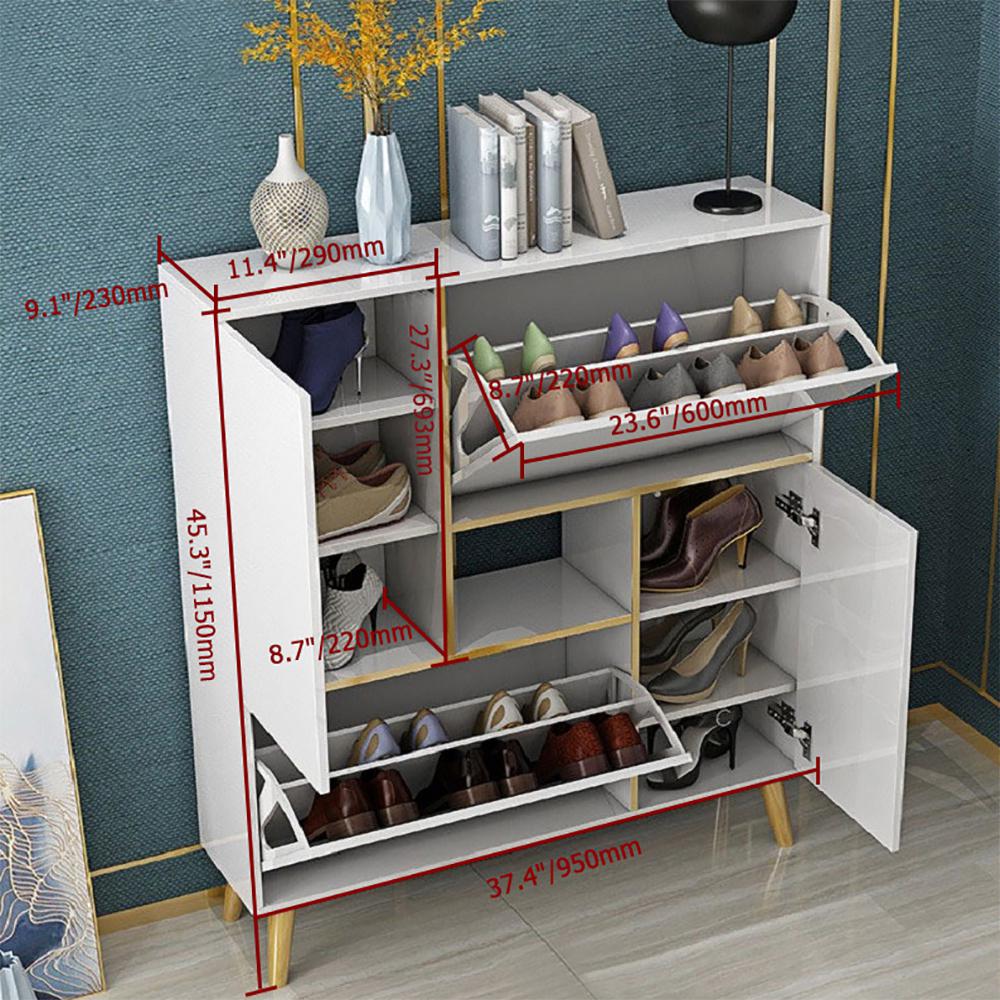 White Modern Shoe Storage Cabinet 17-Pair 2 Doors with Shelves & Pull-Down Drawers