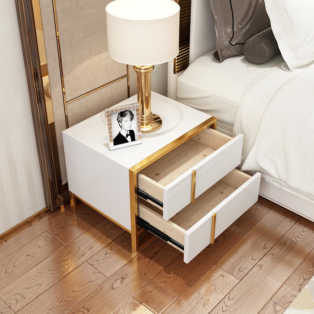 Black Lacquer Bedroom Nightstand Stainless Steel in Gold