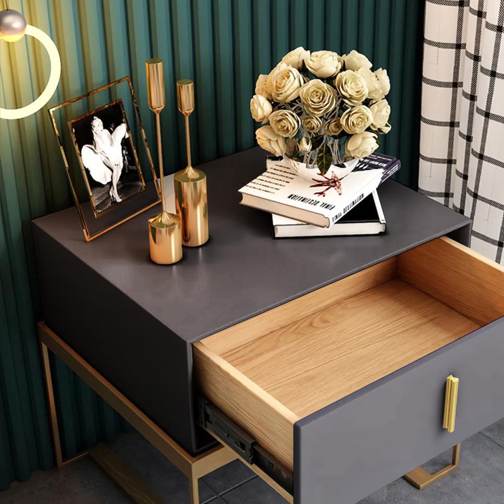 Black Bedroom Nightstand with Drawer Bedside Table Stainless Steel Base