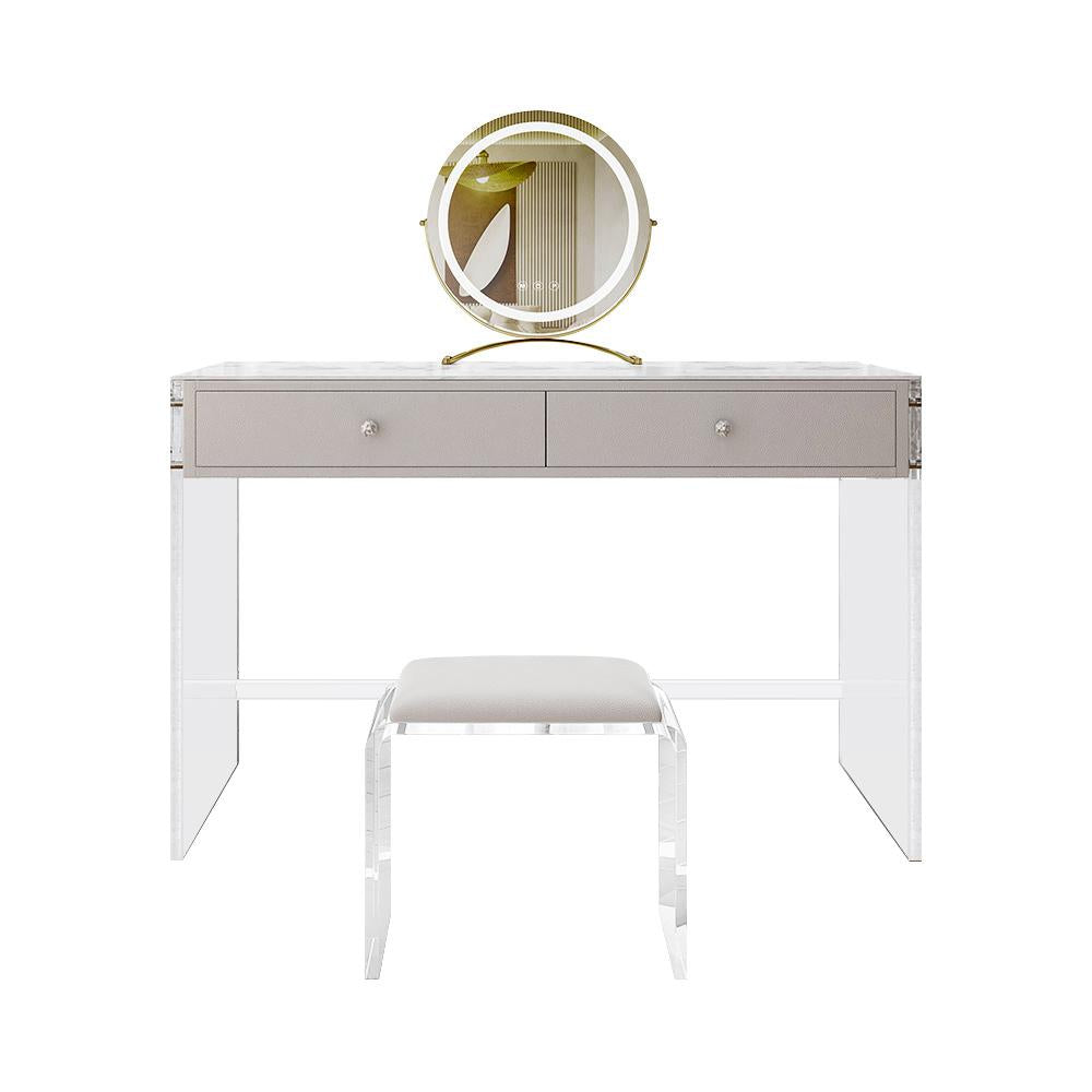 Minimalist Acrylic Floating Makeup Vanity Set with LED Lighted Standing Mirror & Stool