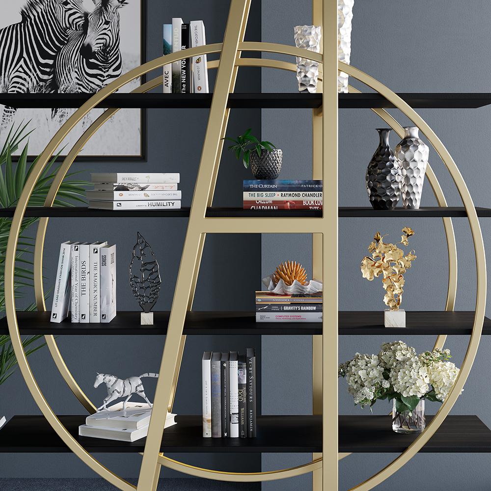 4-Tier Round Open Bookshelf White Display Shelf Gold Frame