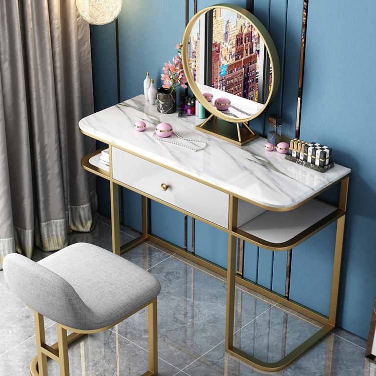 Faux Marble Tabletop Dressing Makeup Table with Mirror & Drawer Chair Included Metal Base in Gold Small