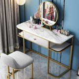 Faux Marble Tabletop Dressing Makeup Table with Mirror & Drawer Chair Included Metal Base in Gold Small