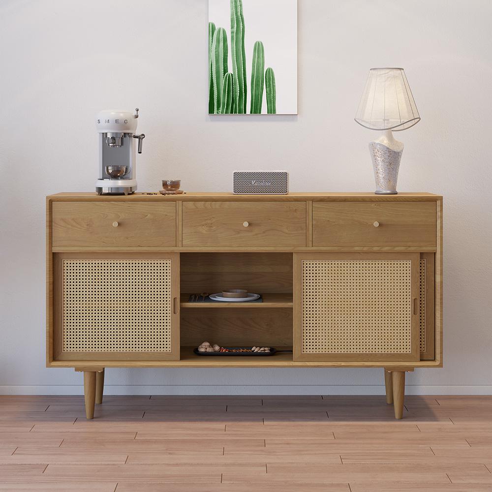 Farmhouse 55" Cane Sideboard Buffet with Storage Natural Kitchen Cabinet