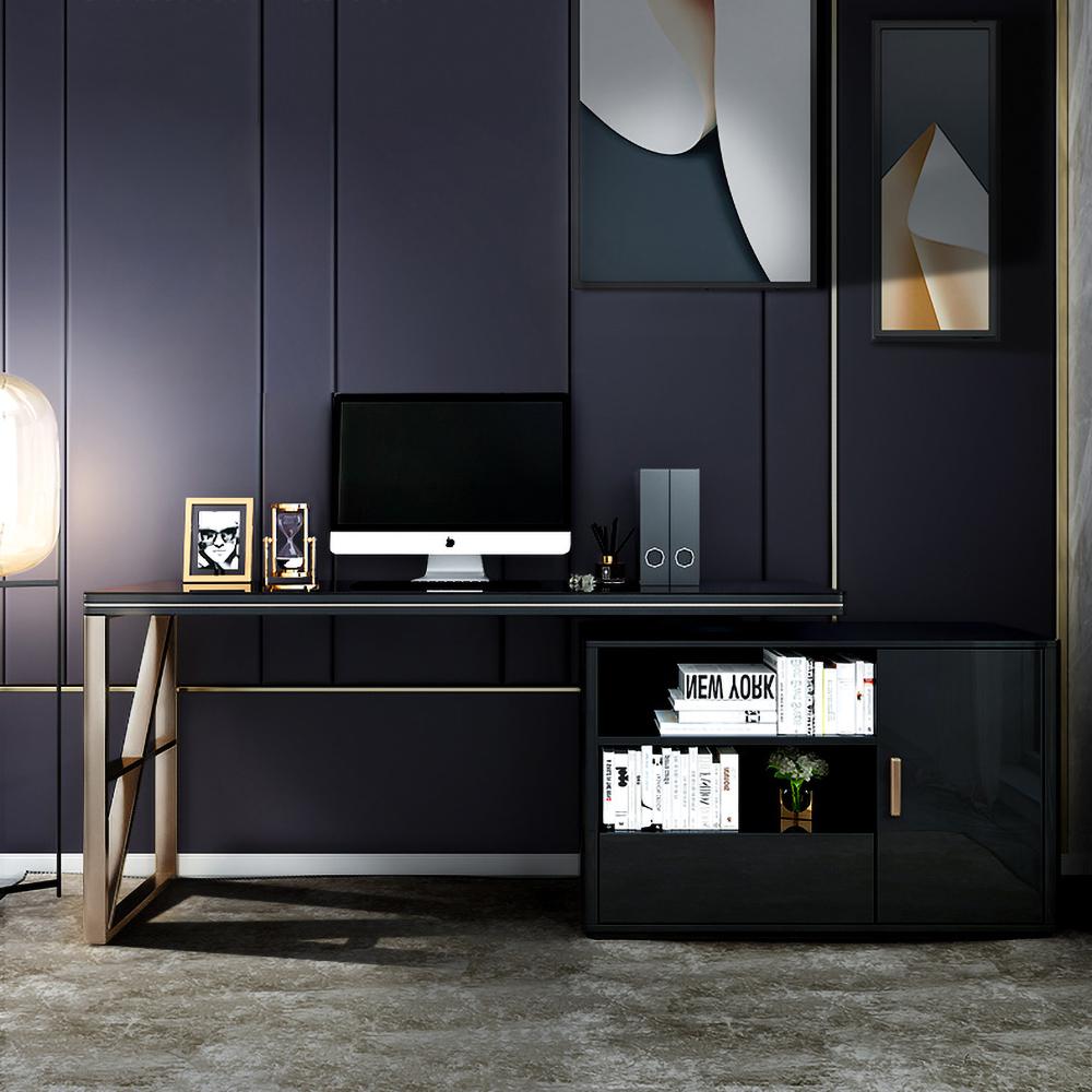 Modern 63" Black L-Shaped Desk Corner Computer Desk with Cabinet & Rich Storage in Gold