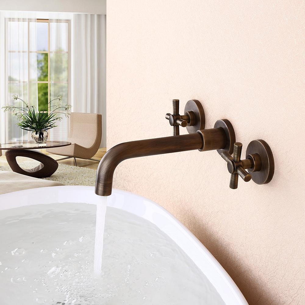 Melro Classic Wall Mounted Double Cross Handle Bathroom Sink Faucet in Antique Brass
