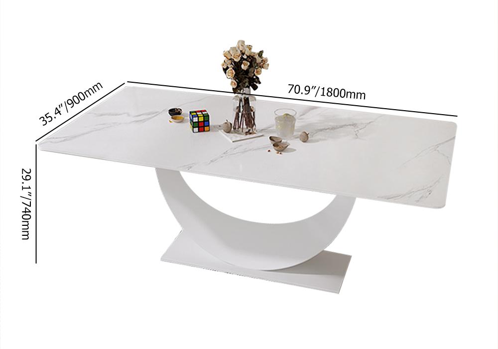 71" White Faux Marble Dining Table for 8 Crescent Base Sintered Stone