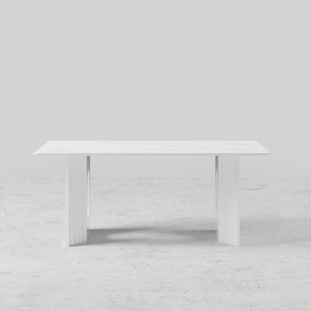 63" Modern Dining Table White Faux Marble Top for 6 Person Double Pedestal Base